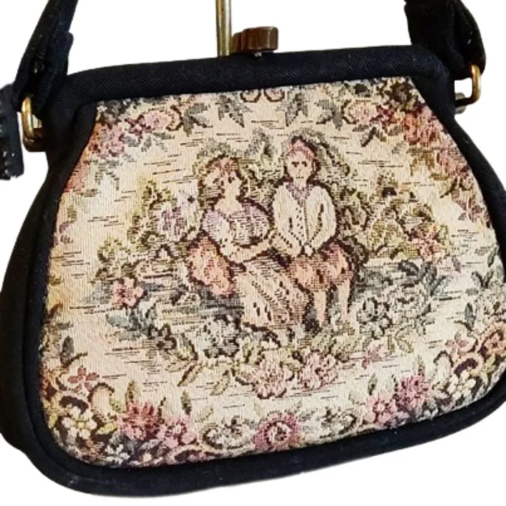 1950s Vintage Small Black Fabric And Tapestrty Scenic Handbag Top Handle Purse - Picture 4 of 8